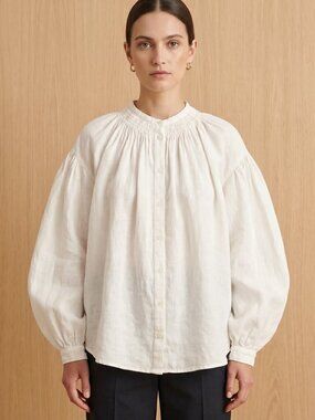 White Long-Sleeve Smocked Neck Button-Front Blouse